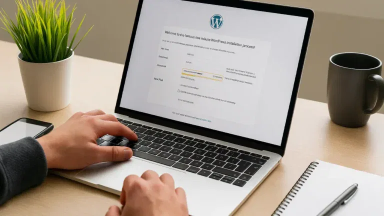 Osoba instalująca WordPressa na laptopie podczas tworzenia strony internetowej