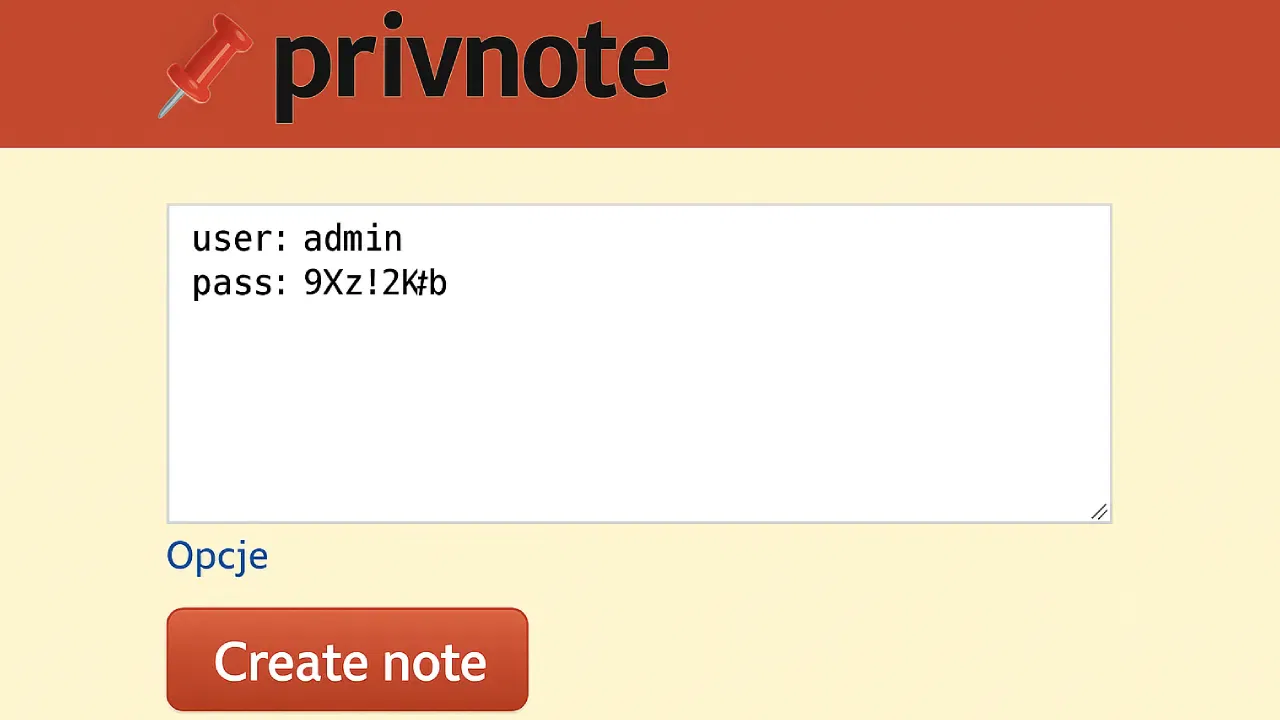 Zrzut ekranu przedstawiający interfejs Privnote z przykładowymi danymi logowania i przyciskiem 