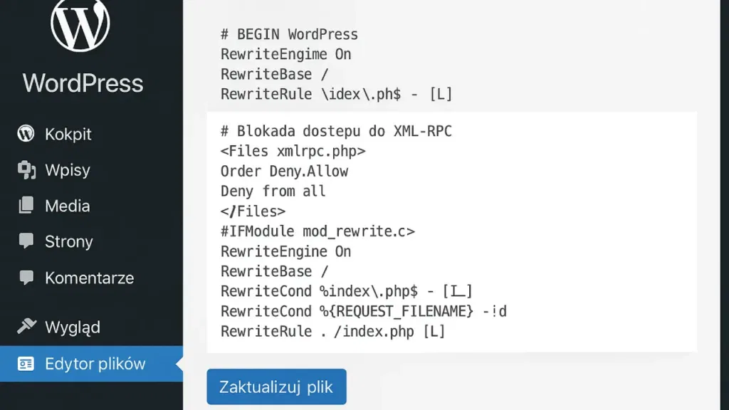 Zrzut ekranu przedstawiający edytor plików w WordPressie z kodem blokującym dostęp do pliku xmlrpc.php w pliku .htaccess.