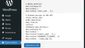 Zrzut ekranu przedstawiający edytor plików w WordPressie z kodem blokującym dostęp do pliku xmlrpc.php w pliku .htaccess.