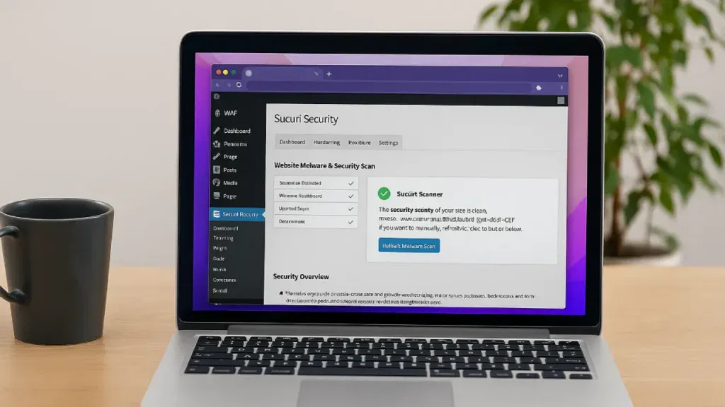 Laptop z uruchomionym panelem Sucuri w WordPressie, gotowy do skanowania witryny