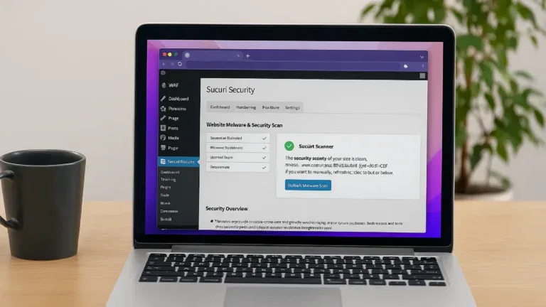Laptop z uruchomionym panelem Sucuri w WordPressie, gotowy do skanowania witryny