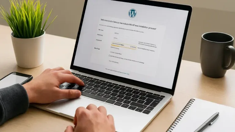 Osoba instalująca WordPressa na laptopie podczas tworzenia strony internetowej