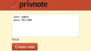 Zrzut ekranu przedstawiający interfejs Privnote z przykładowymi danymi logowania i przyciskiem 