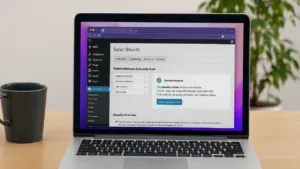Laptop z uruchomionym panelem Sucuri w WordPressie, gotowy do skanowania witryny